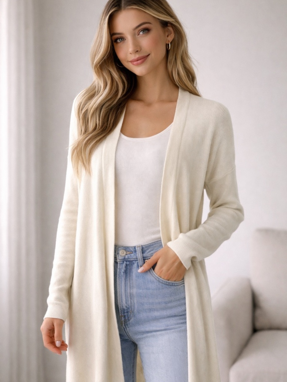 Pint Knit Cream Open Front Cardigan Size S | Long Duster Neutral